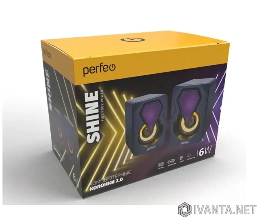 Колонки Perfeo "SHINE", 2.0, мощность 2х3 Вт, USB, чёрн, Game Design, LED подсветка 7 цв